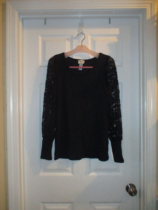 BiBi Small Black Waffle Knit Top with Lace Puffed Long Sleeves NEW