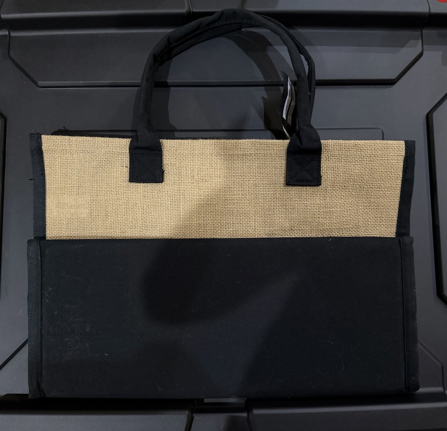 Personalized Initial V Jute Burlap Bag Tote Monogrammed Black Tan
