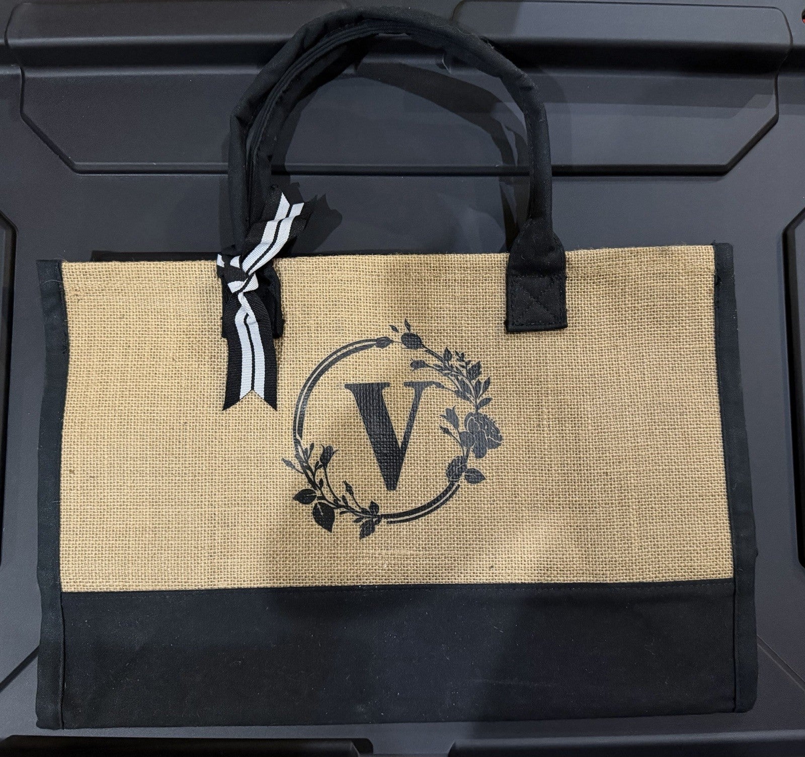 Personalized Initial V Jute Burlap Bag Tote Monogrammed Black Tan