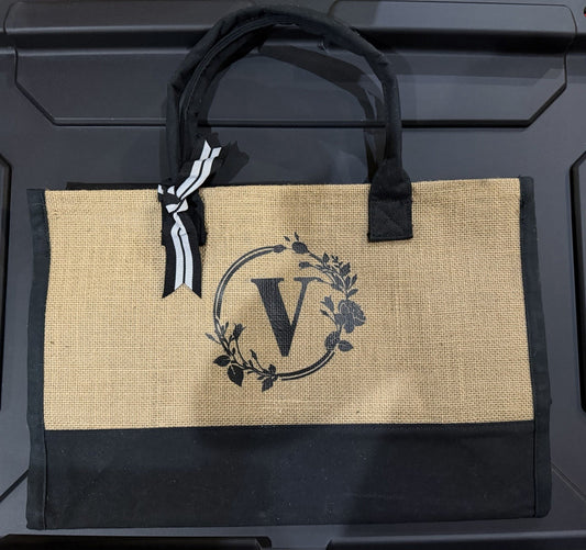 Personalized Initial V Jute Burlap Bag Tote Monogrammed Black Tan