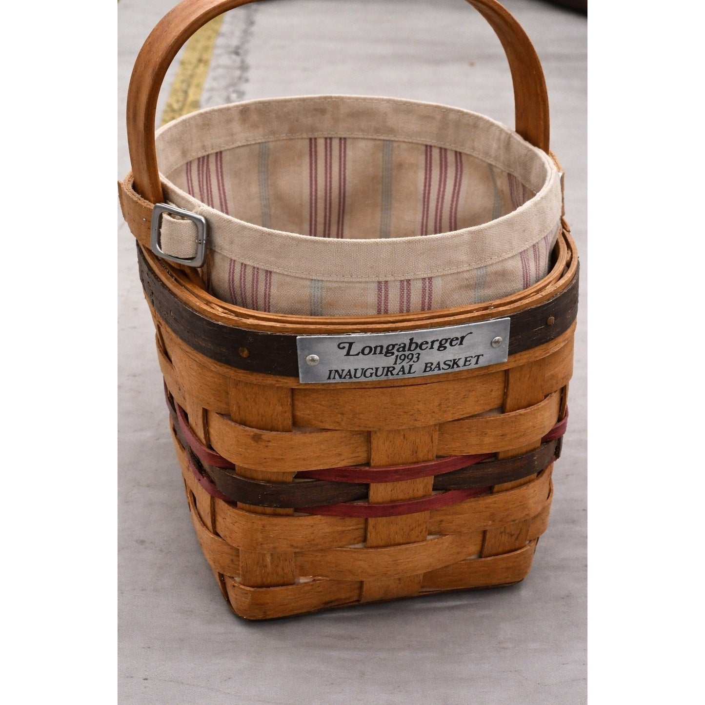 1993 Longaberger Inaugural Basket w/ Metal Plate + New Awning Stripe Liner Combo