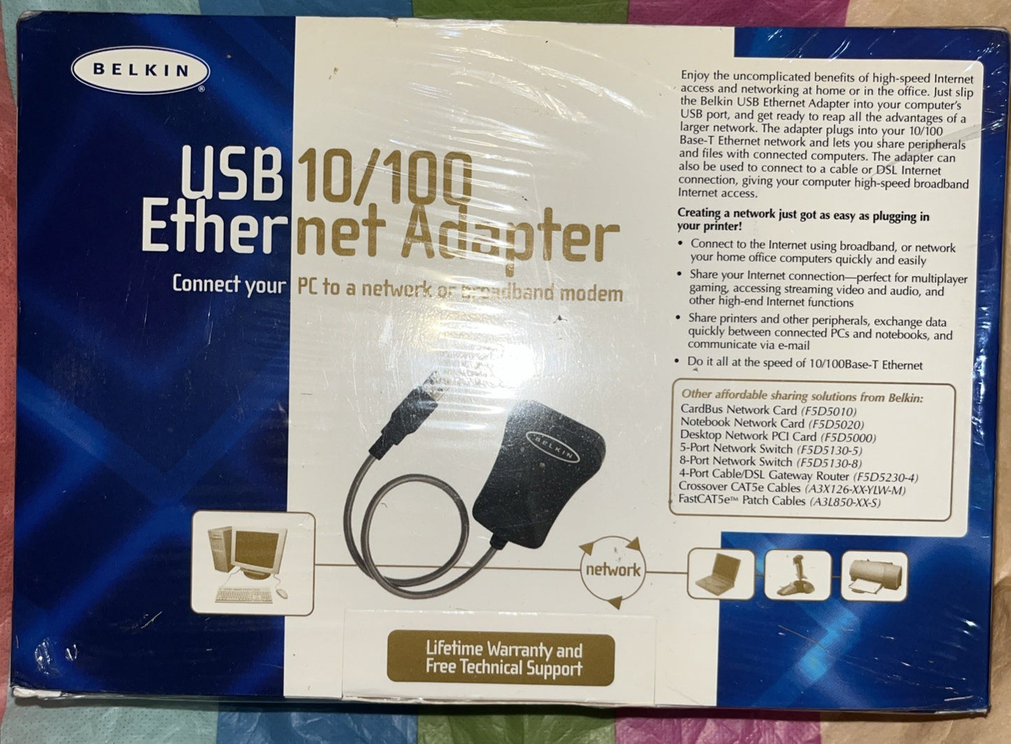 Belkin F5D5050 USB to 10/100 Ethernet Adaptor & CD. New