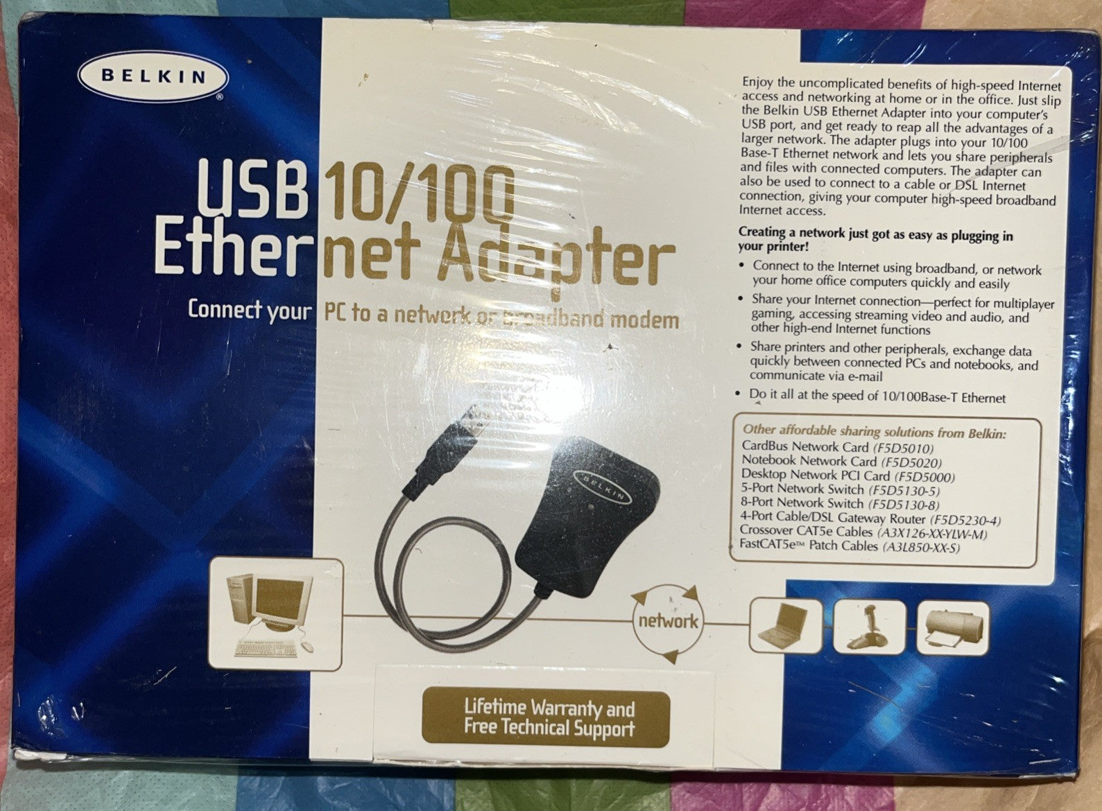 Belkin F5D5050 USB to 10/100 Ethernet Adaptor & CD. New