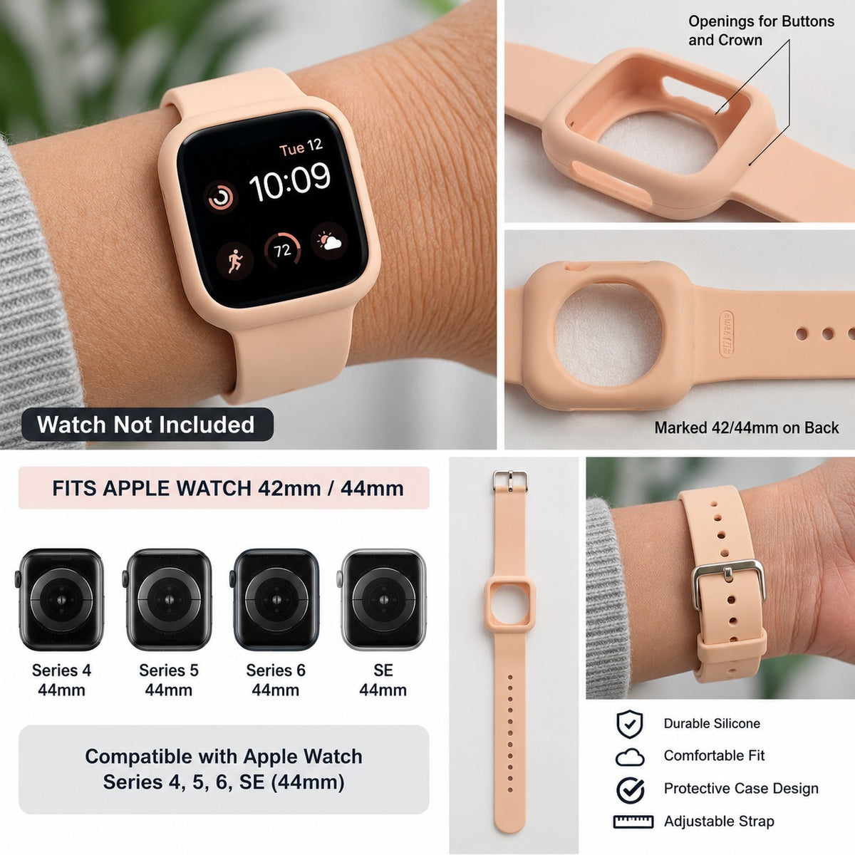42/44mm Peach Silicone Band w Protective Case for Apple Watch Series 4 5 6...