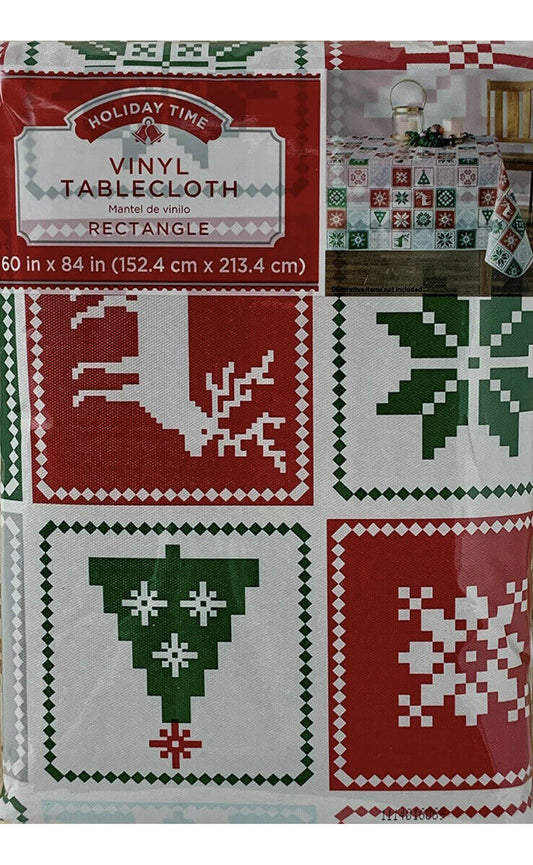 HOLIDAY TIME Vinyl Tablecloth Rectangle NIP 60x84 in HOLIDAY TILE Snowflake Deer