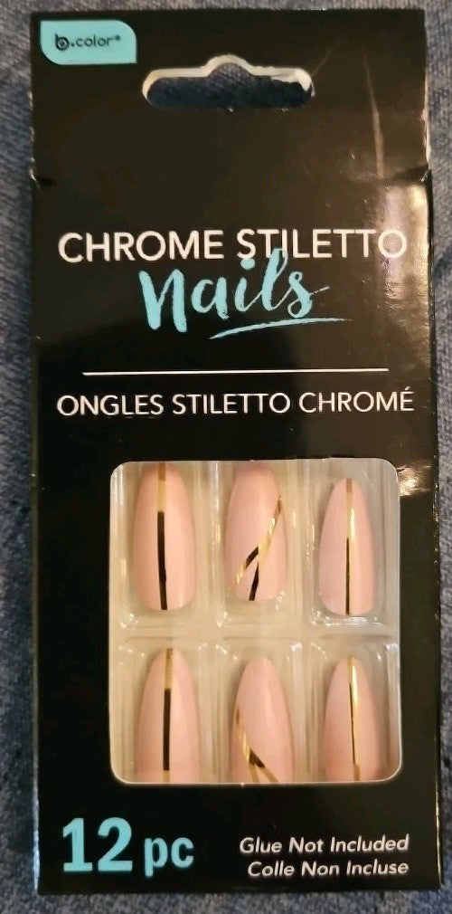 B-COLOR Brand Metallic Fashion Nails Stiletto Shape Glue not Included 12 PC