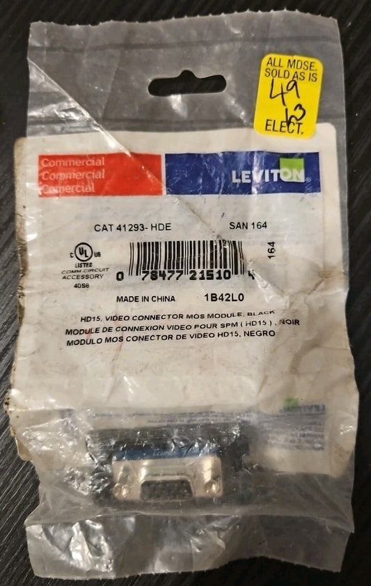 Leviton 41293-HDE 1 Unit High MOS HD15 Video Connector Feedthrough, Black NEW