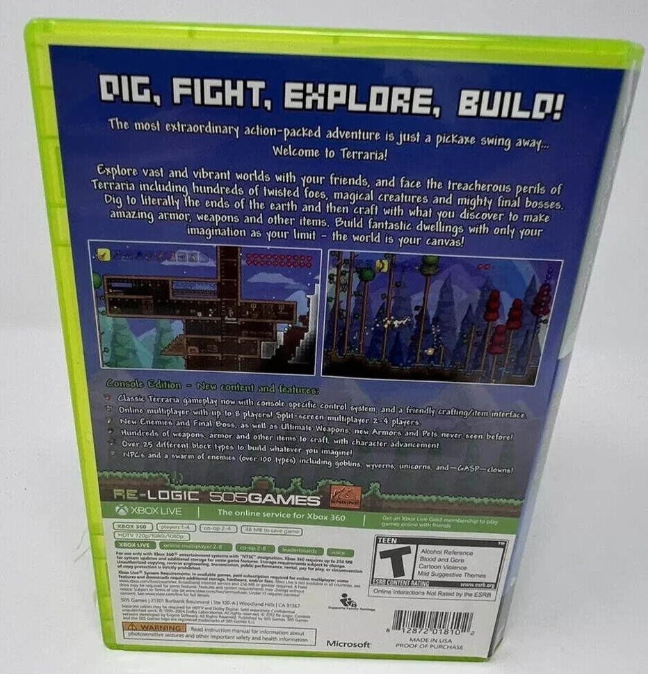 Terraria (Xbox 360) CIB. TESTED. NO SCRATCHES. NEW CASE. RESEALED.