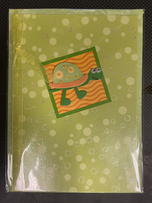 Burgoyne Greeting Card Green Raised Turtle Googly Eyes Blank Inside Envelope
