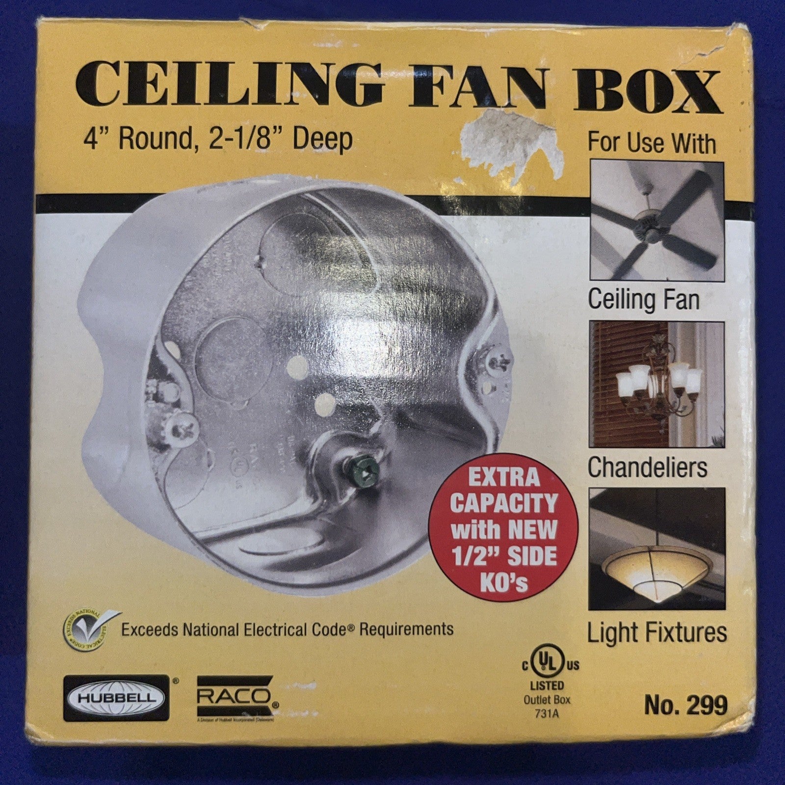 Raco 299 Round Steel 1-Gang 5-Knockout Ceiling Rated Box 4.25 H x 2.56 D in.