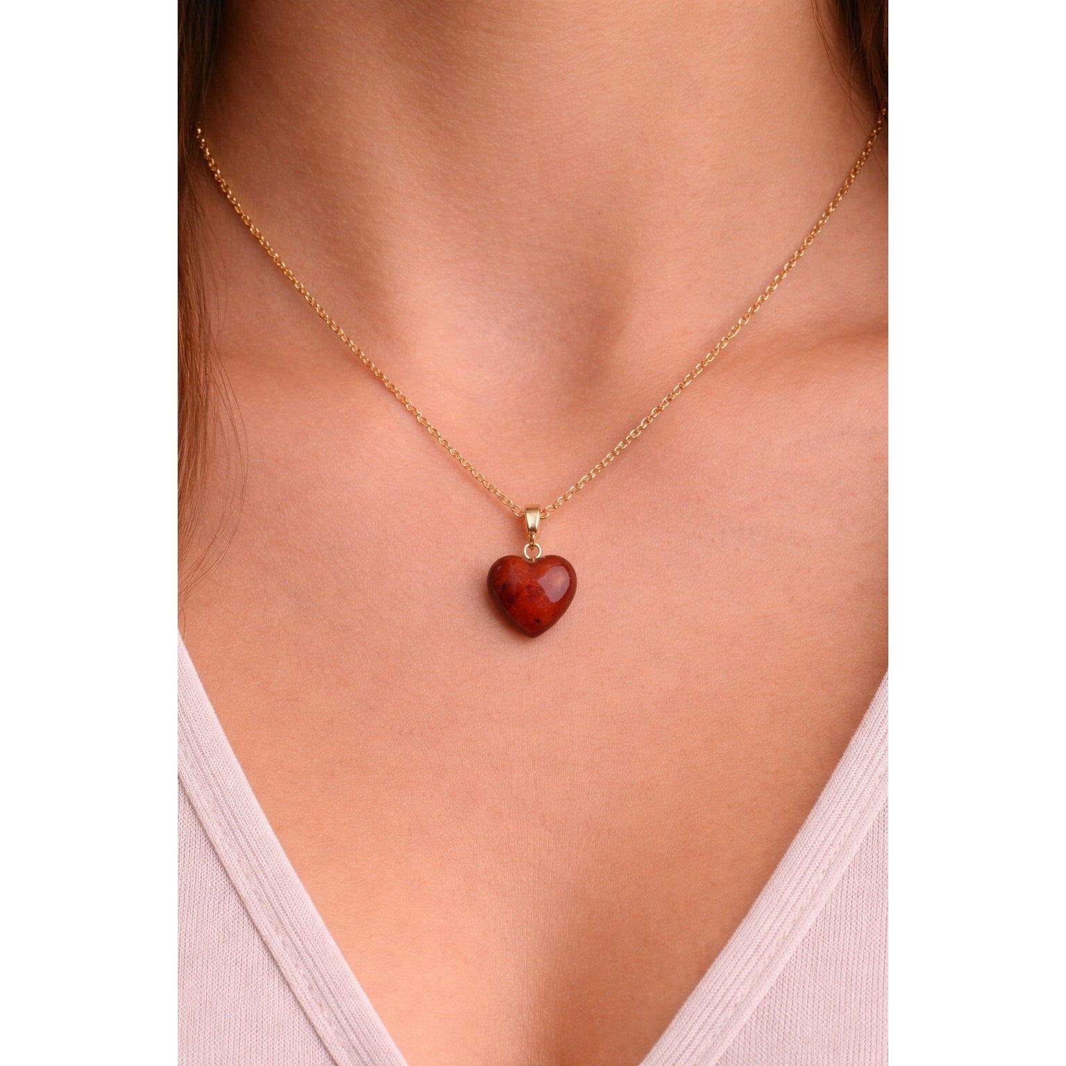 Natural Red Jasper Heart Pendant – Tested – 18" Gold Plated Chain