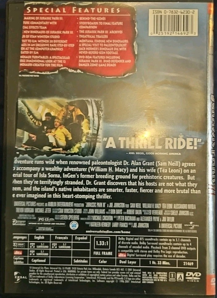 Jurassic Park 3 (DVD, 2001) Slim Case. Cropped Artwork. Testex