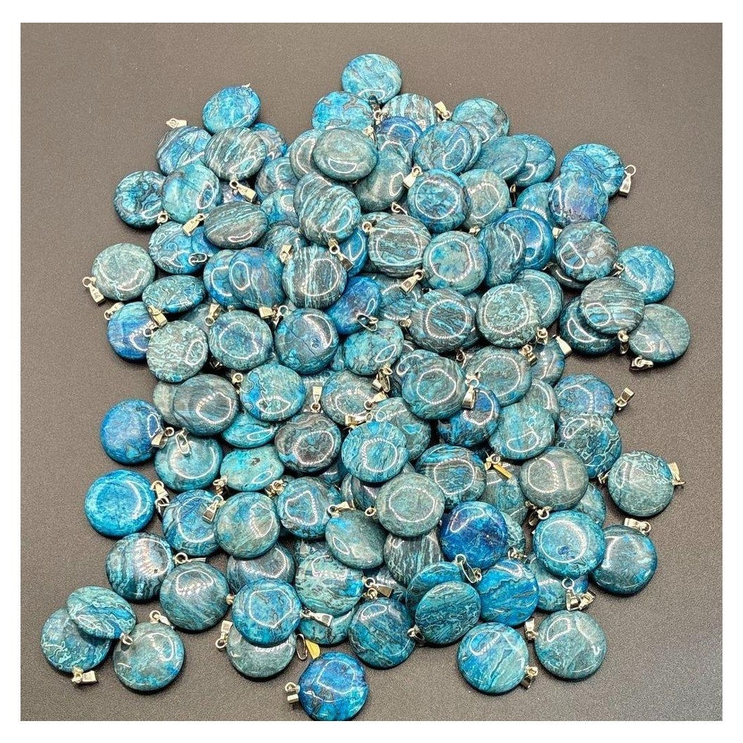 Genuine Sea Blue Jasper Coin Pendant Tested 18" Gold Plated Necklaces