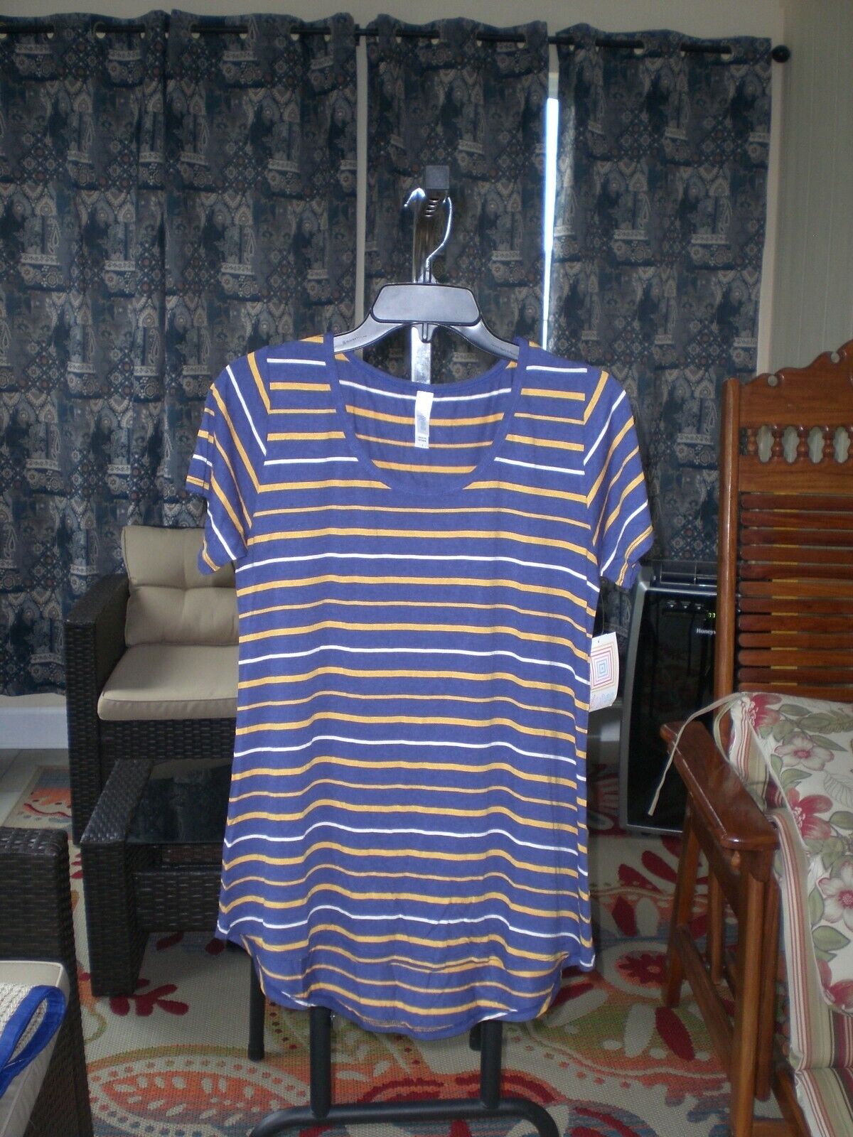 LuLaRoe Classic T Shirt Top Blouse Blue Mustard White Stripe NEW with Tags