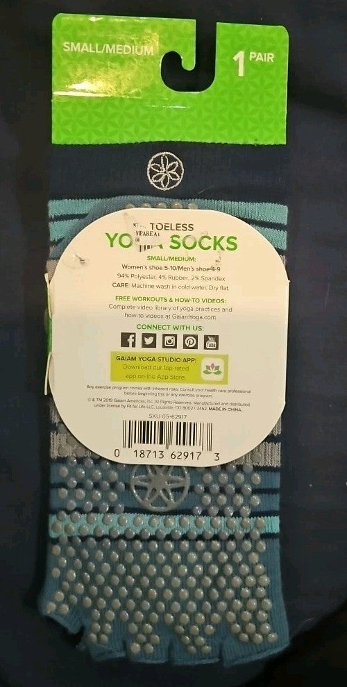 Gaiam One Pair Gray/Blue Grips Toeless Yoga Socks Size Small/Medium No Slip NEW
