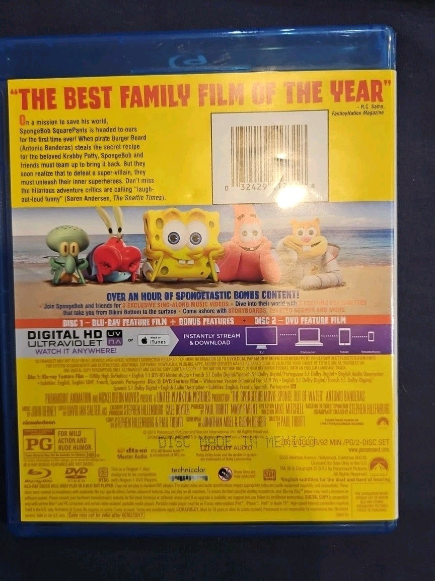 The spongebob Movie: Sponge Out of Water (Blu-ray, 2015) No Digital Download