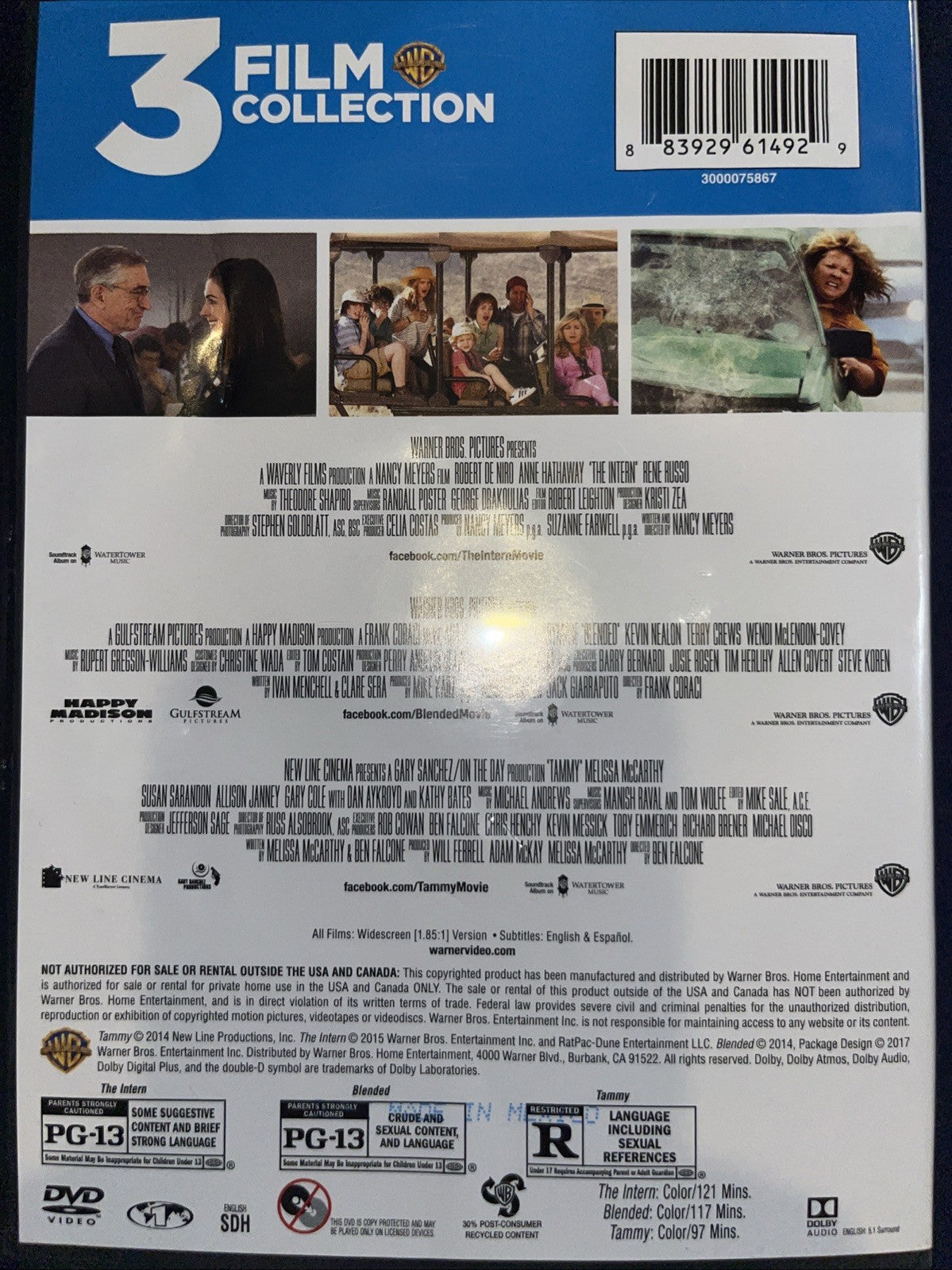 3 Film Collection: the Intern / Tammy / Blended (DVD) Sealed