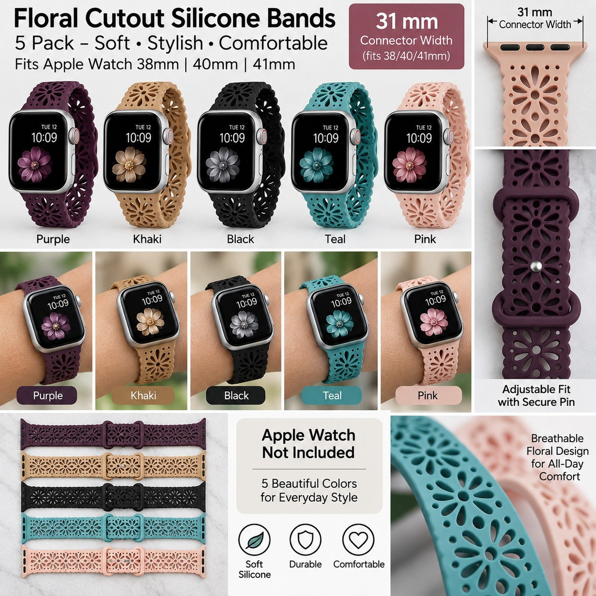 5 Pack Bands Fits Apple Watch 38 40 41mm Floral Silicone Purple Teal Pink Black