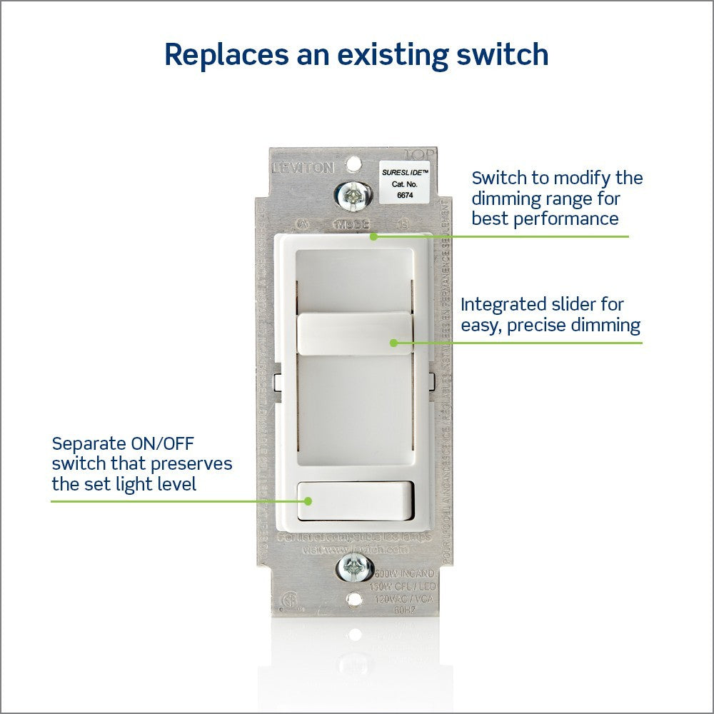 Leviton SureSlide Dimmer Switch Dimmable LED/ Halogen/Incandescent Bulb 6674-P0T