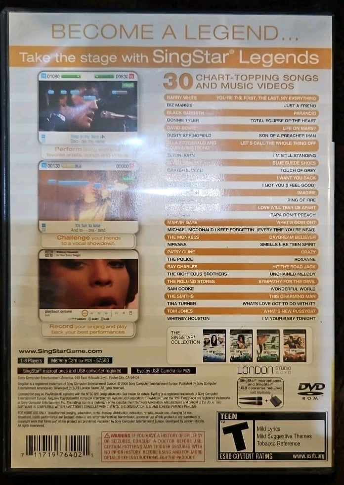 Singstar Legends - Sony PlayStation 2. No Game. Case + Manual + Box Art ONLY