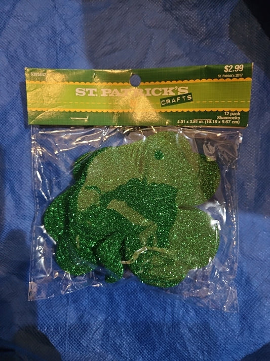 Shamrock Clover Foam Cutout - Green Glitter Clover Shape - 4 Inches - 12 Pc