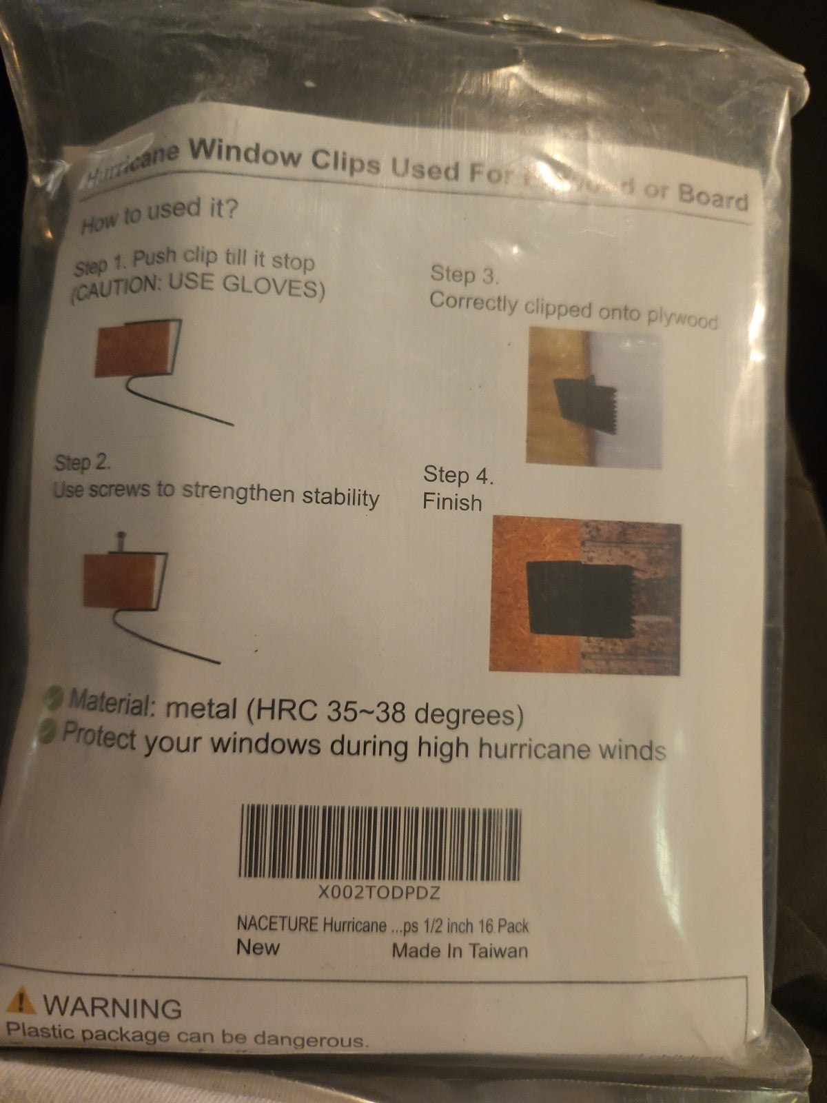 Naceture 16 Pack Hurricane Clips for Window Boards + 4 Handles