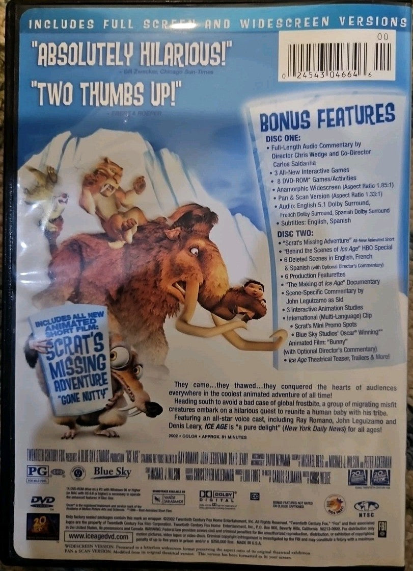 Ice Age (2- DVD, Full/Widescreen) Damaged Artwork. Tested. New Case. Resealed