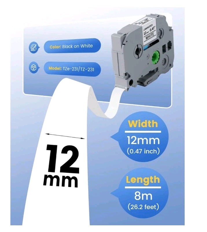 Fits PT-D600 PT-1230PC Laminated 12mm 0.47" White W/Black Letter 10 Pack
