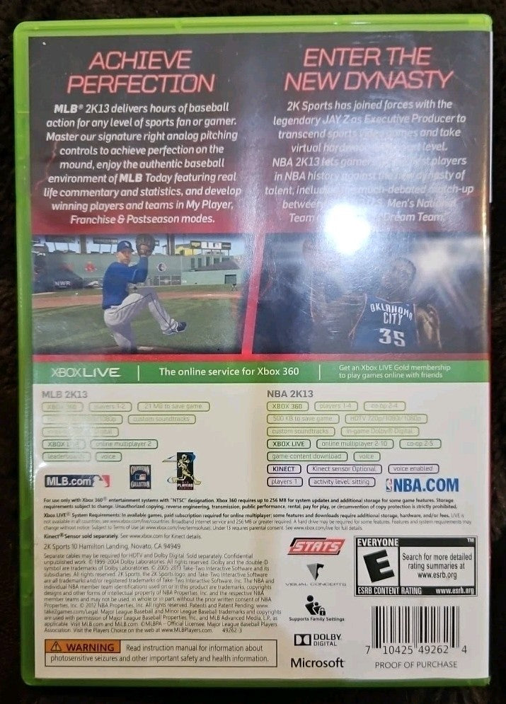 MLB 2K13/NBA 2K13 Combo Pack (Xbox 360) No Game. Case + Artwork + Manual ONLY
