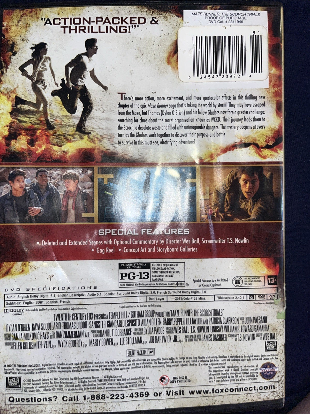 Maze Runner: the Scorch Trials (DVD, 2015). Tested. New Case. Damaged Artwork