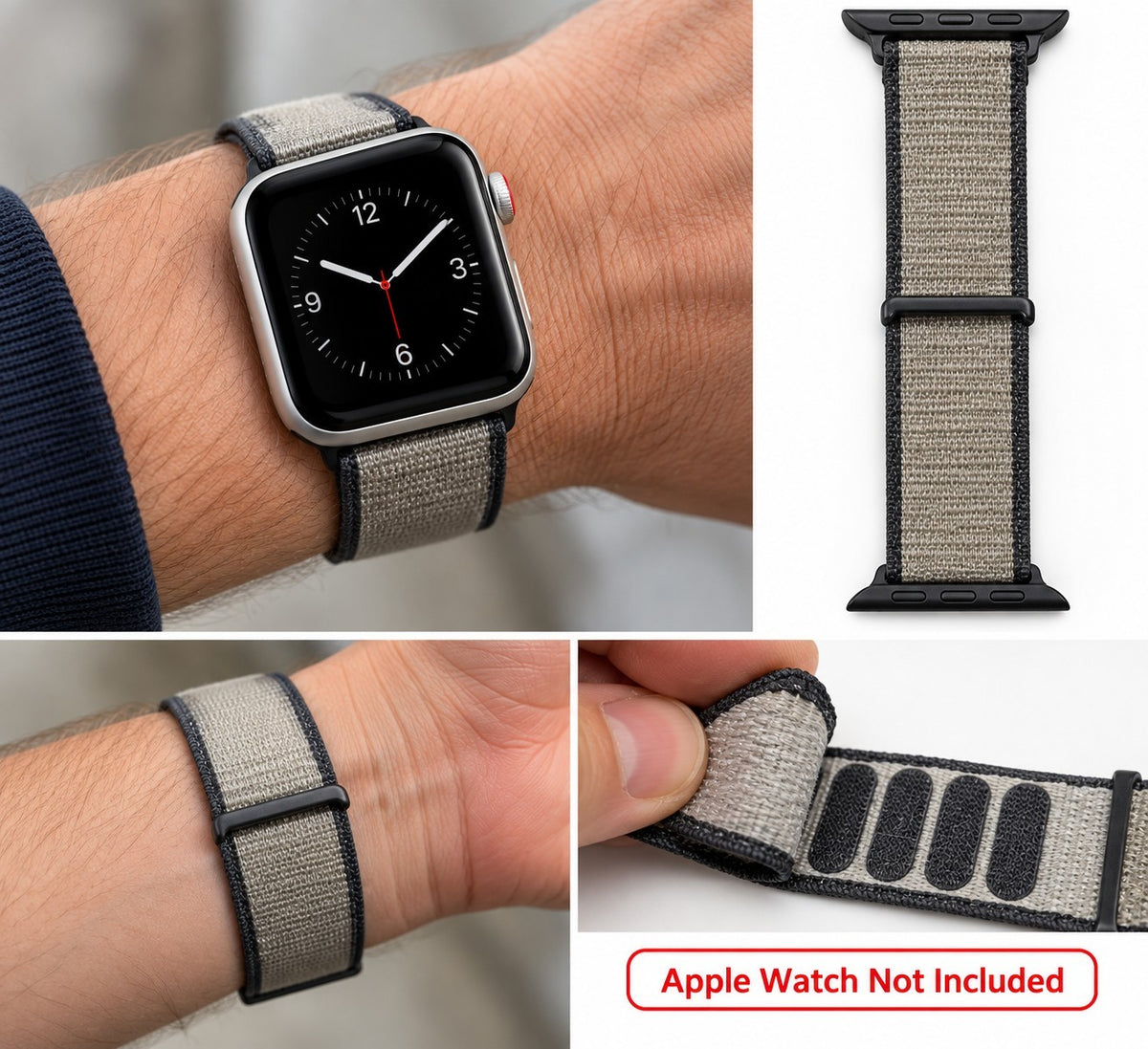 Band Fits Apple Watch 38 40 41mm Series 1-11 SE Gray Nylon Hook & Loop Sport