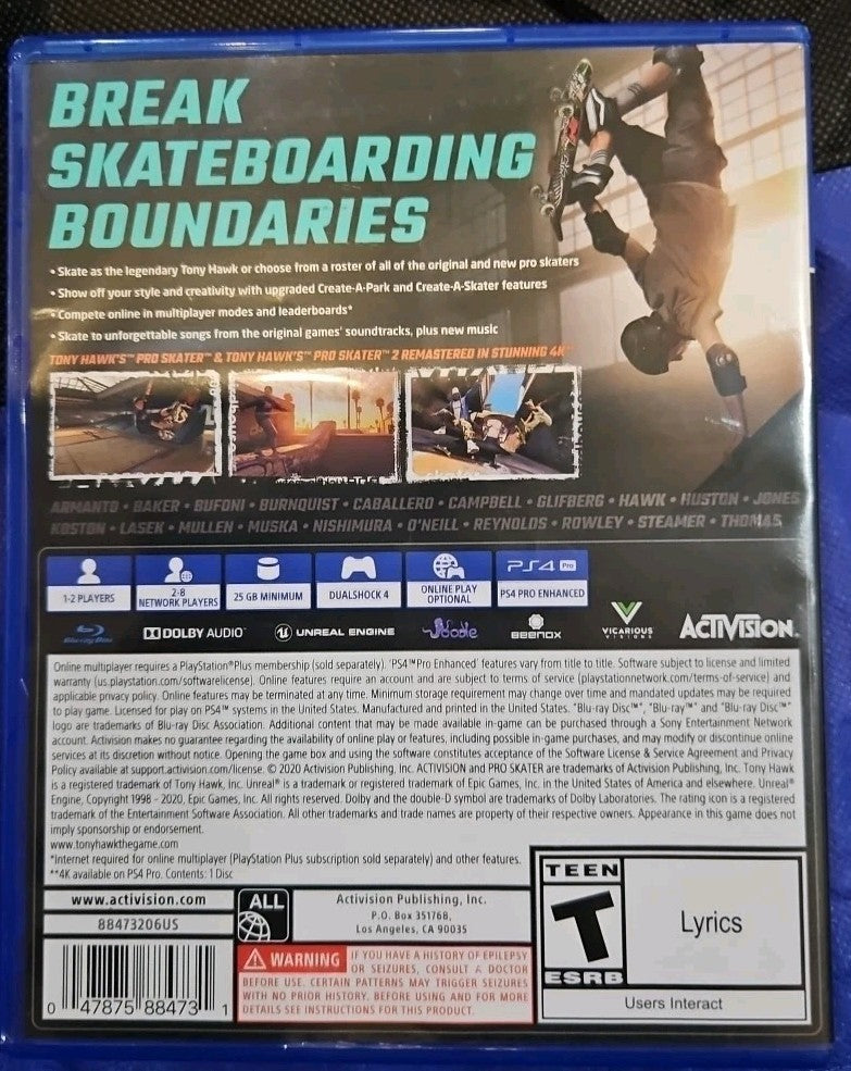 Tony Hawk Pro Skater 1 + 2 - Sony PlayStation 4. NO GAME. Case + Insert