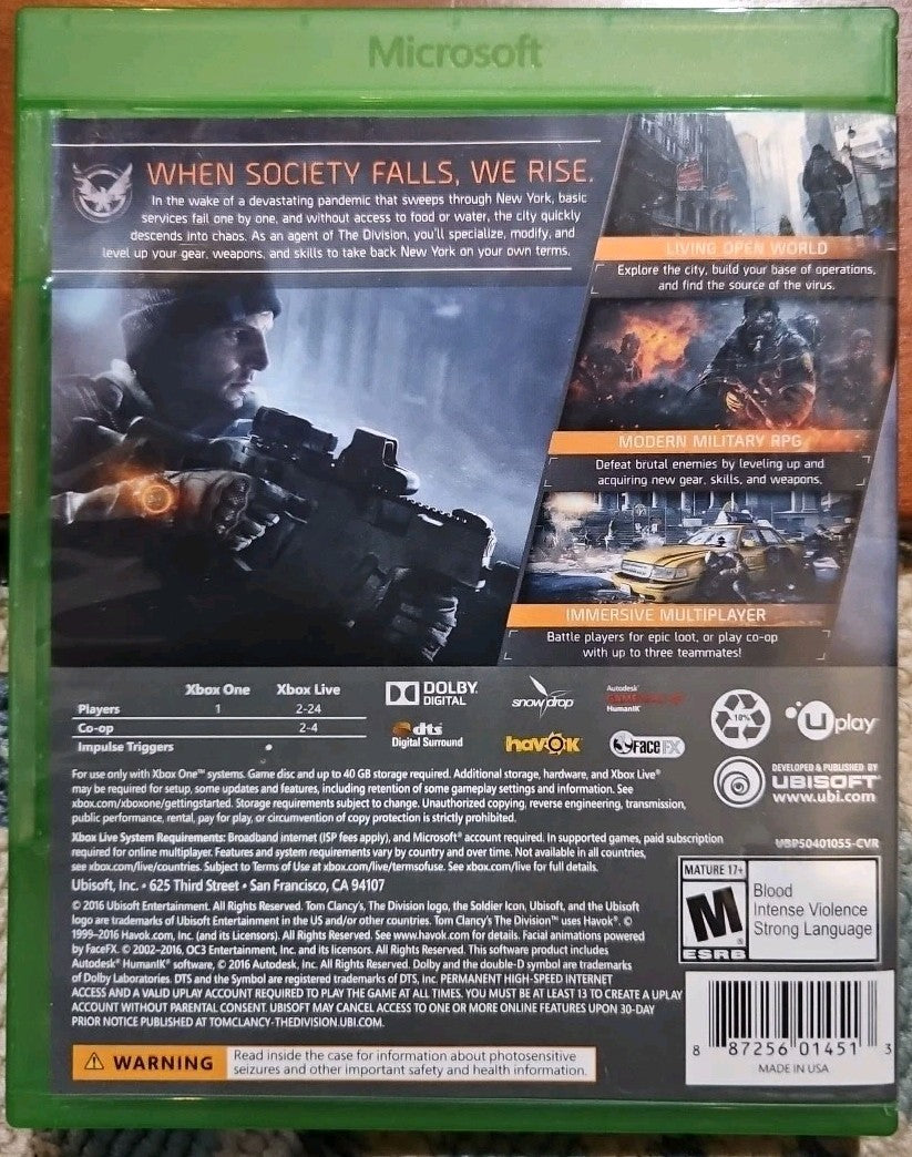 Tom Clancy's: The Division - Microsoft Xbox One. Tested. No Scratches. Resealed