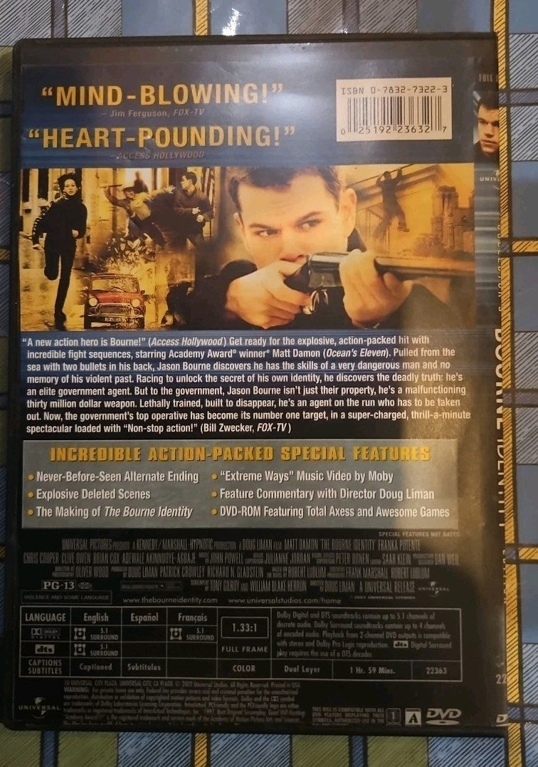 The Bourne Identity (DVD, 2003, Full Frame) Tested slim case cropped artwork.