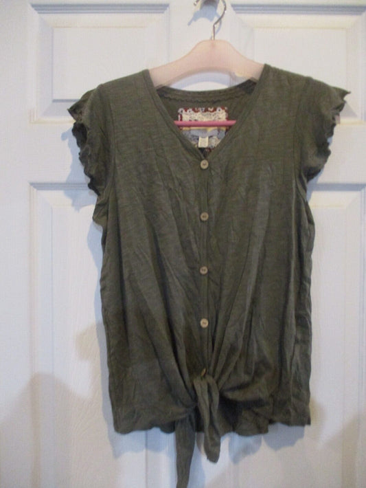 NWT Cupio Blush Olive Green Flutter Sleeve Top Small