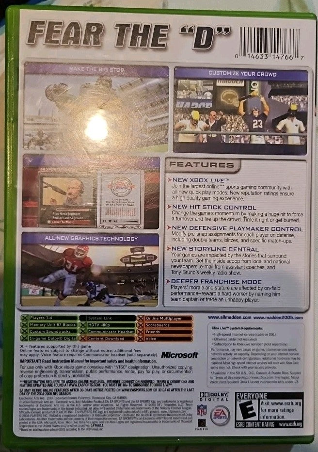 Madden NFL 2005 (Microsoft Xbox, 2004) Tested. No Scratches. New Case