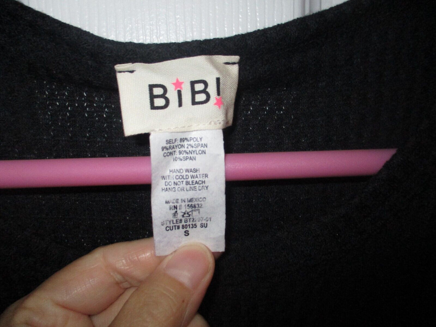 BiBi Small Black Waffle Knit Top with Lace Puffed Long Sleeves NEW