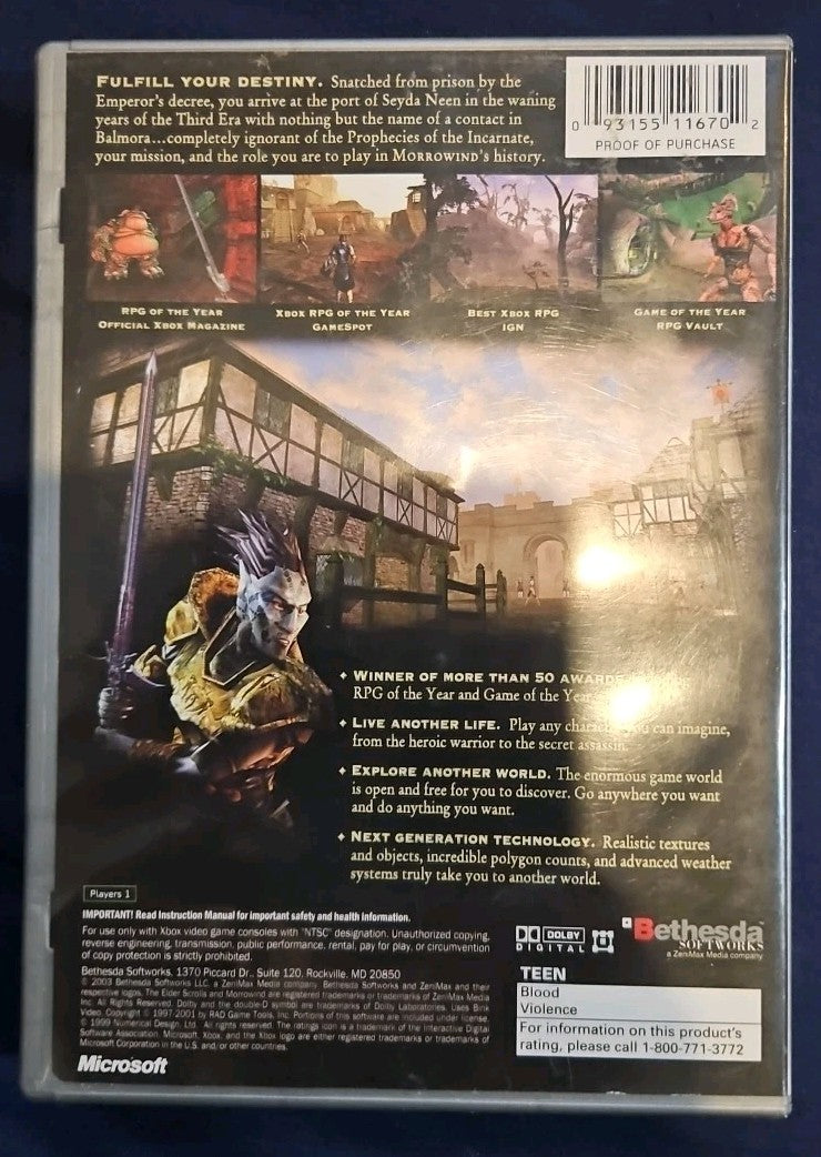 Elder Scrolls III: Morrowind (Microsoft Xbox, 2002) Tested. No Manual. New Case.