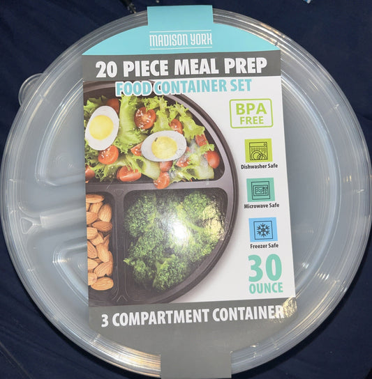 Madison York  20pc  3 Compartment Meal Prep Round Food Containers