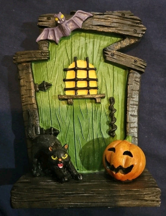Halloween Bat Pumpkin Black Cat Spooky Door Figurine 5.25" x 4.25" x 2"