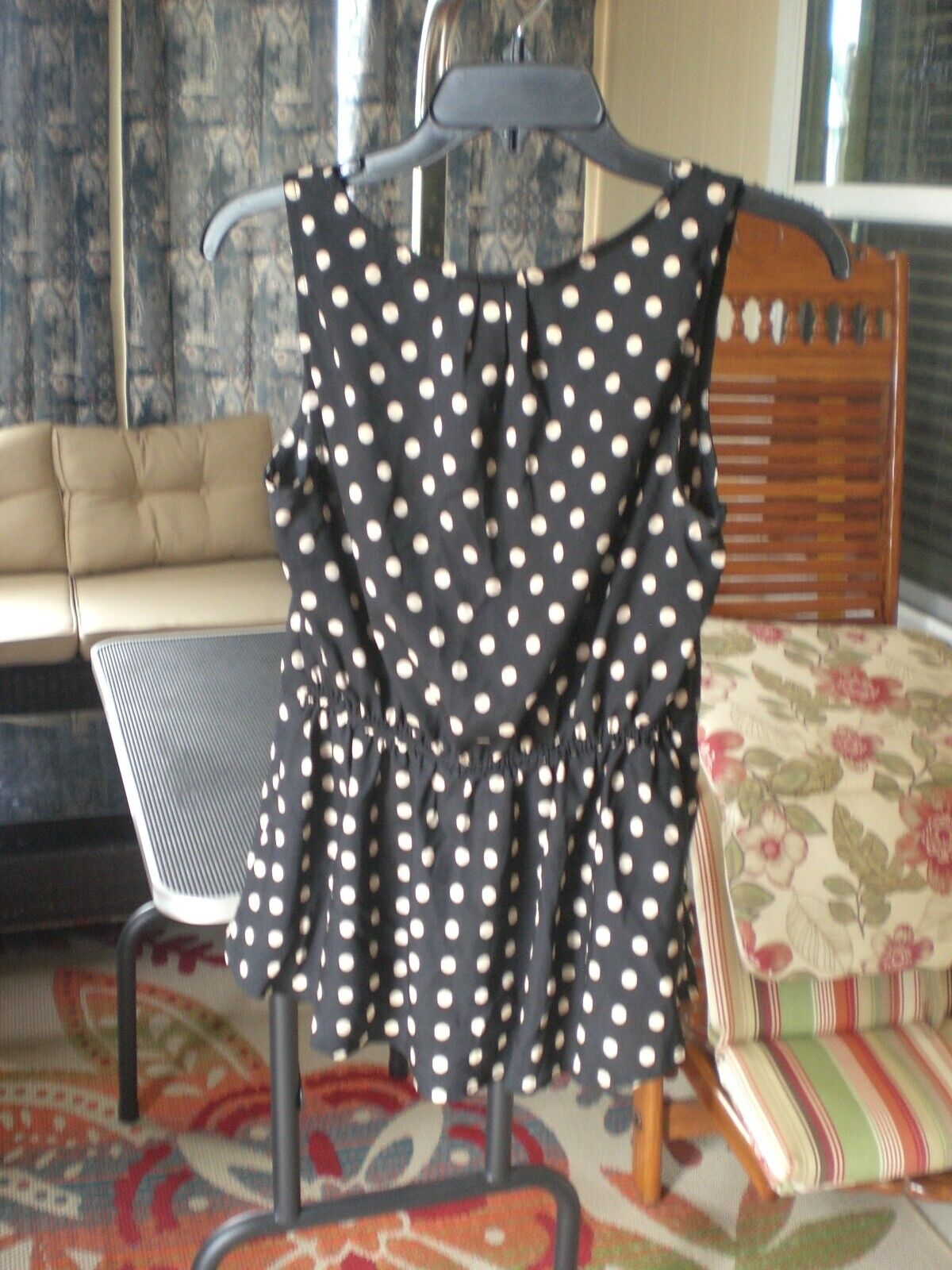 Eyelash Womens Top Shirt Small Black Tan Polka Dot Sleeveless Peplum Career