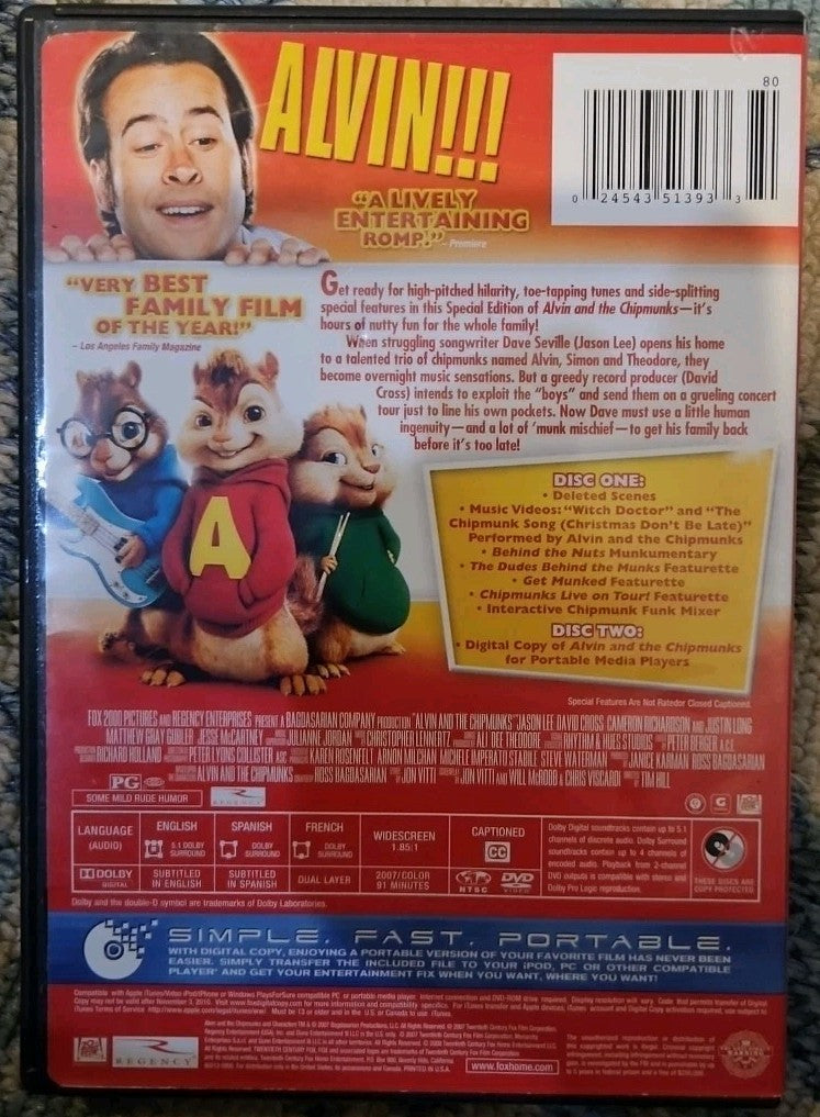 Alvin & the Chipmunks + Squeakquel + Squeak Along  (3- DVDs) Tested. New Cases. 