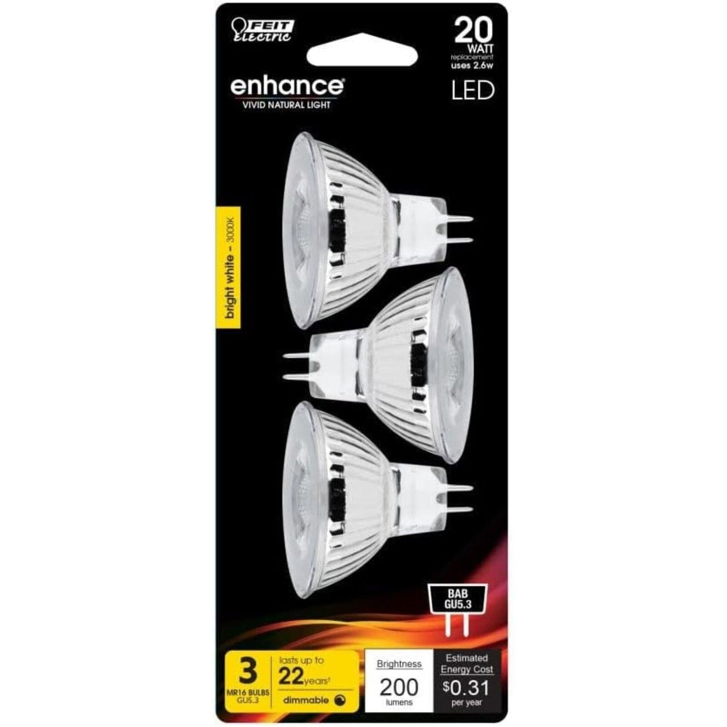 Feit Electric BPBAB/930CA/3 2 Pack, 2.6W, 12V, Soft White, MR16, LED, 20W  Bulb