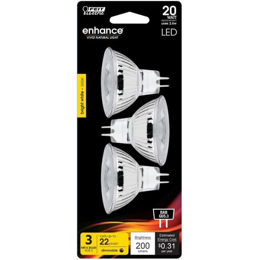 Feit Electric BPBAB/930CA/3 2 Pack, 2.6W, 12V, Soft White, MR16, LED, 20W  Bulb