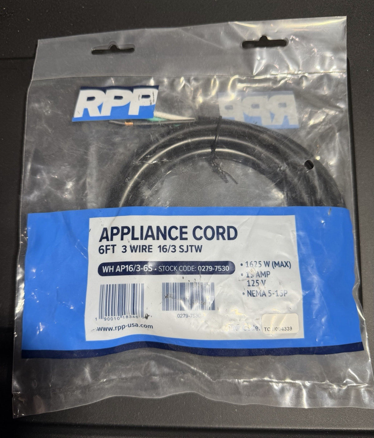 6FT 3-Wire Appliance Cord RPP 16 / 3 SJTW NEMA 5-15P 1625W NEW NIP