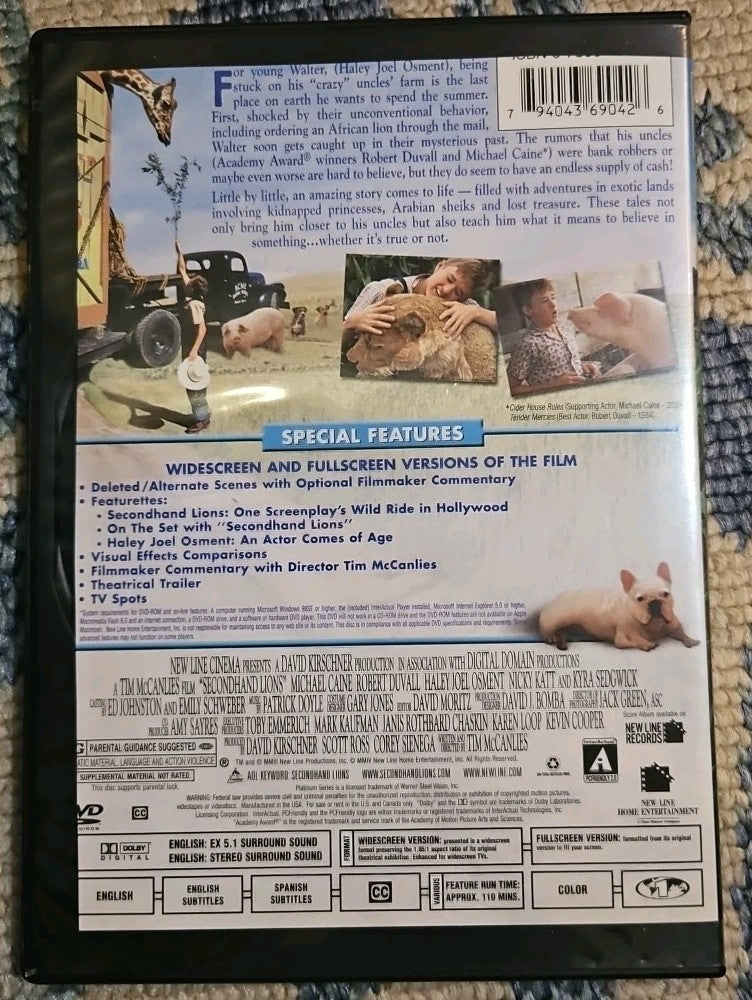 Secondhand Lions (DVD, 2003) Slim Case. Tested. Cropped Artwork