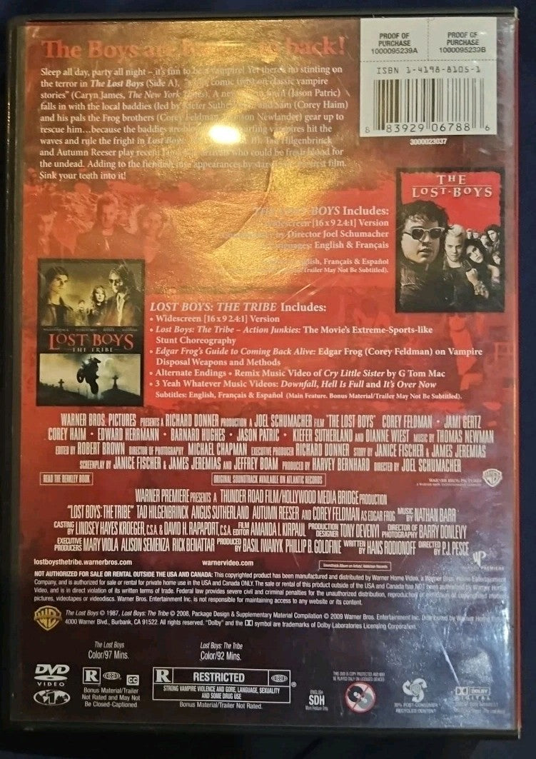 Lost Boys 1-2 Film Collection (DVD, 2009 2 Sided) Like New