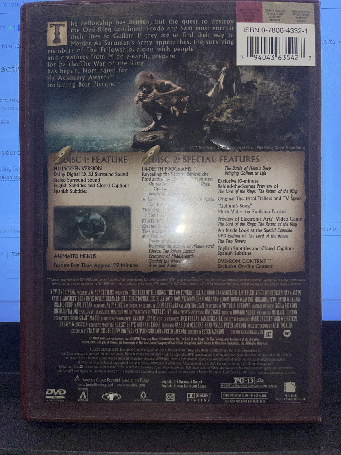 The Lord of the Rings: The Two Towers (DVD, 2003, 2-Disc Set, Full Frame Two...