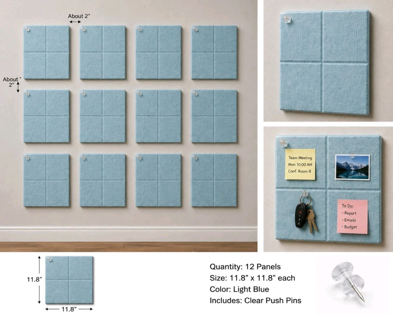 Fluxynara 12 Felt Wall Tiles with Adhesive Tabs Baby Blue Color 9.5" x 3/8"