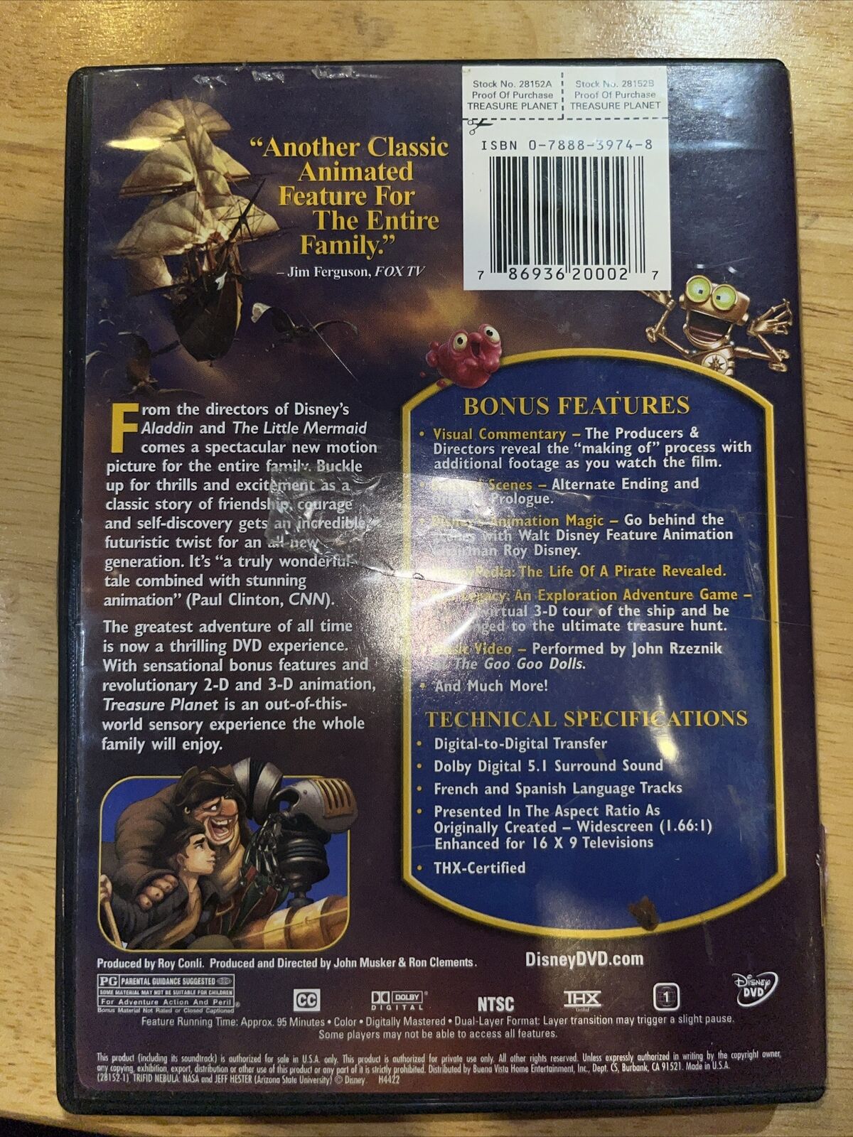 Treasure Planet (DVD, 2002) TESTED. NO SCRATCHES. SOME ARTWORK DAMAGE. NEW CASE